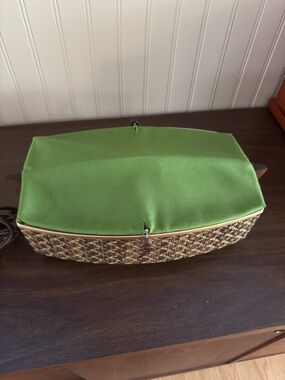 Woven Basket Handbag with Green Fabric Top